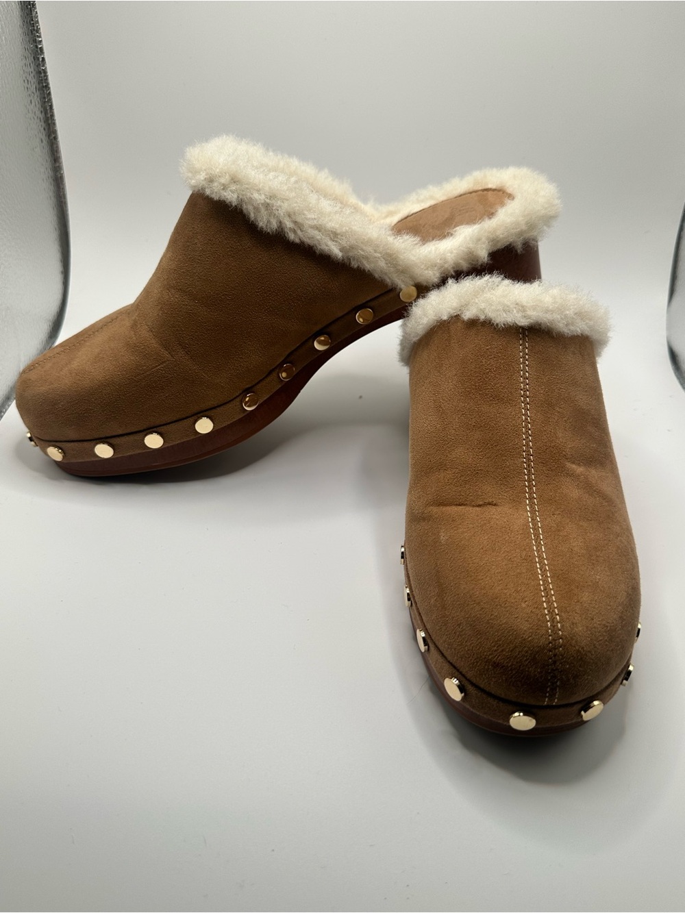 H&M Chestnut Suede Shearling-Trim Clog Mules with Gold Studs - Picture 3 of 8